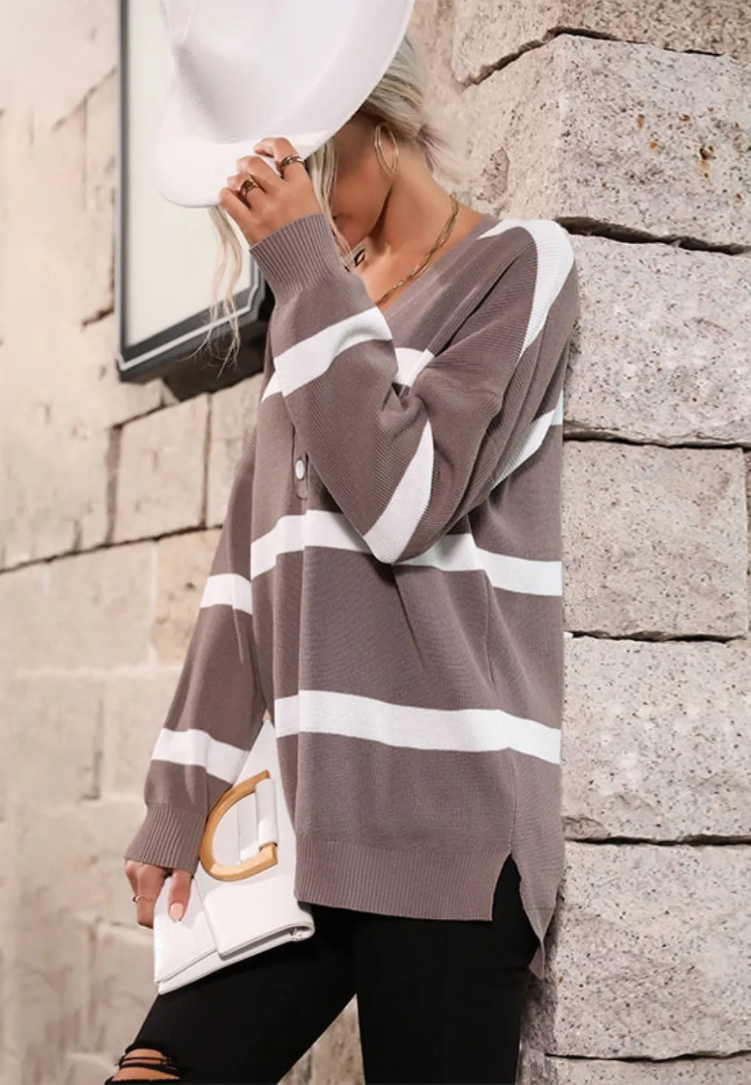 Striped Pattern Button Detail Sweater sold by Anna-Kaci product image thumbnail 2