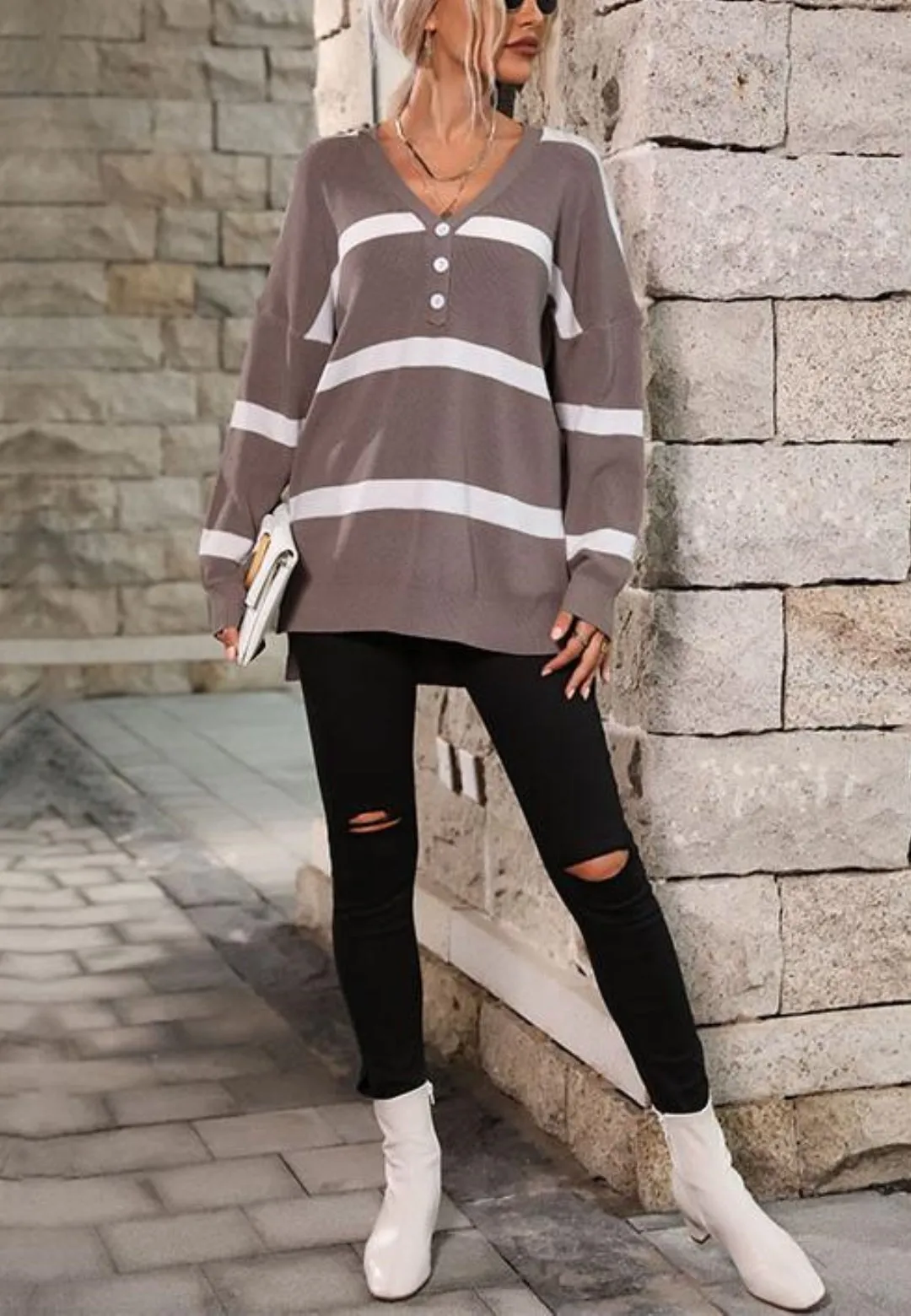 Striped Pattern Button Detail Sweater sold by Anna-Kaci product image thumbnail 3