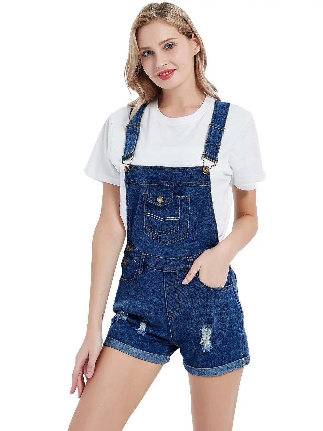 Anna-Kaci Women's Distressed Short Overalls Adjustable Denim Bib Overall Shorts Roll Cuff Romper sold by Anna-Kaci product image thumbnail 4