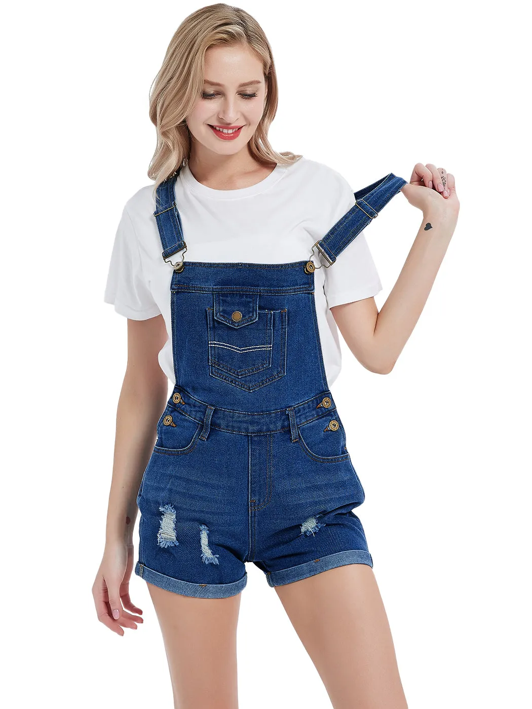 Anna-Kaci Women's Distressed Short Overalls Adjustable Denim Bib Overall Shorts Roll Cuff Romper sold by Anna-Kaci