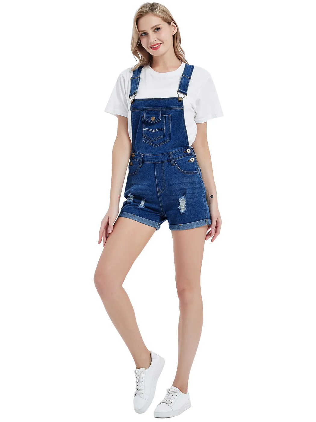 Anna-Kaci Women's Distressed Short Overalls Adjustable Denim Bib Overall Shorts Roll Cuff Romper sold by Anna-Kaci product image thumbnail 5