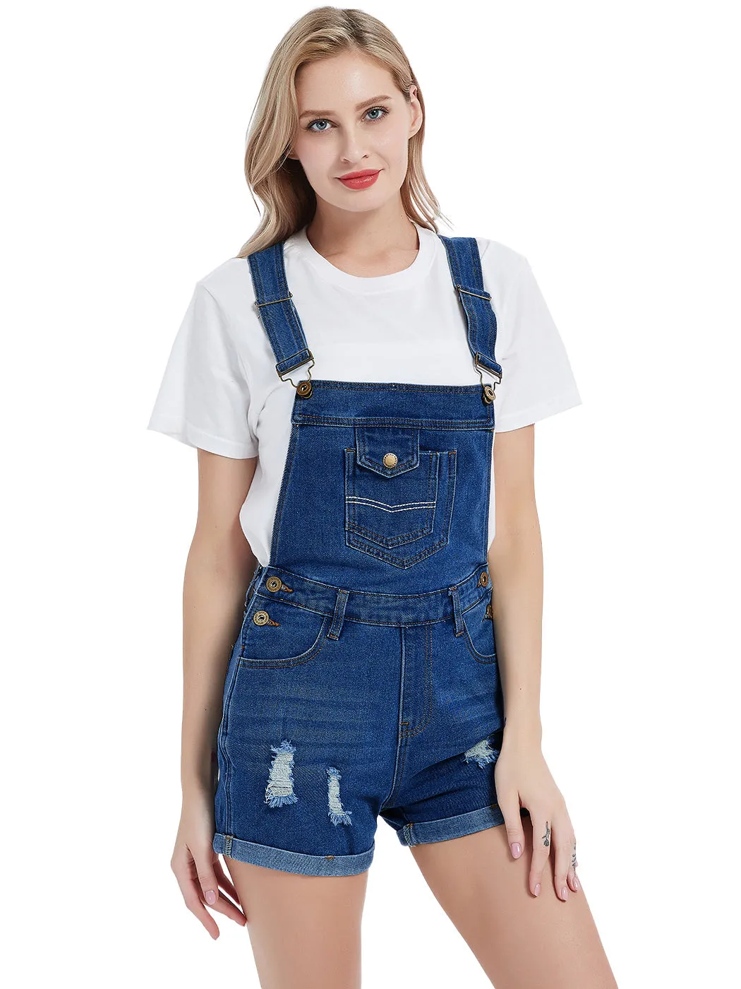 Anna-Kaci Women's Distressed Short Overalls Adjustable Denim Bib Overall Shorts Roll Cuff Romper sold by Anna-Kaci product image thumbnail 2