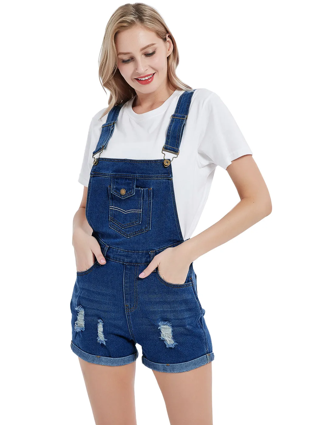 Anna-Kaci Women's Distressed Short Overalls Adjustable Denim Bib Overall Shorts Roll Cuff Romper sold by Anna-Kaci product image thumbnail 3