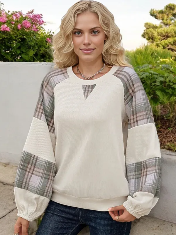 Anna-Kaci Women's Plaid Sleeve Pullover with Keyhole Detail and Balloon Sleeves sold by Anna-Kaci