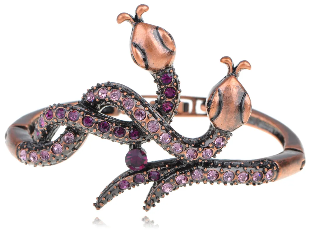 Copper Amethyst Twin Serpents Snake Bracelet Bangle sold by Anna-Kaci