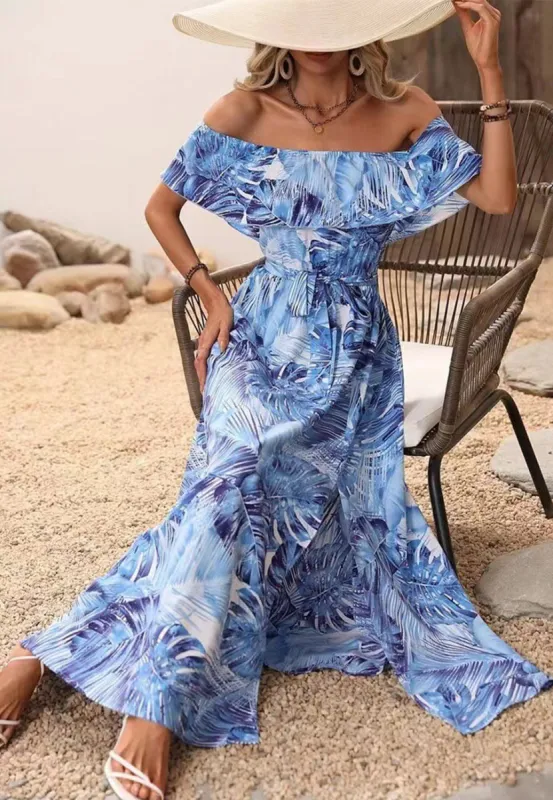 Vacation Tropical Floral Print Off Shoulder Maxi Dress sold by Anna-Kaci