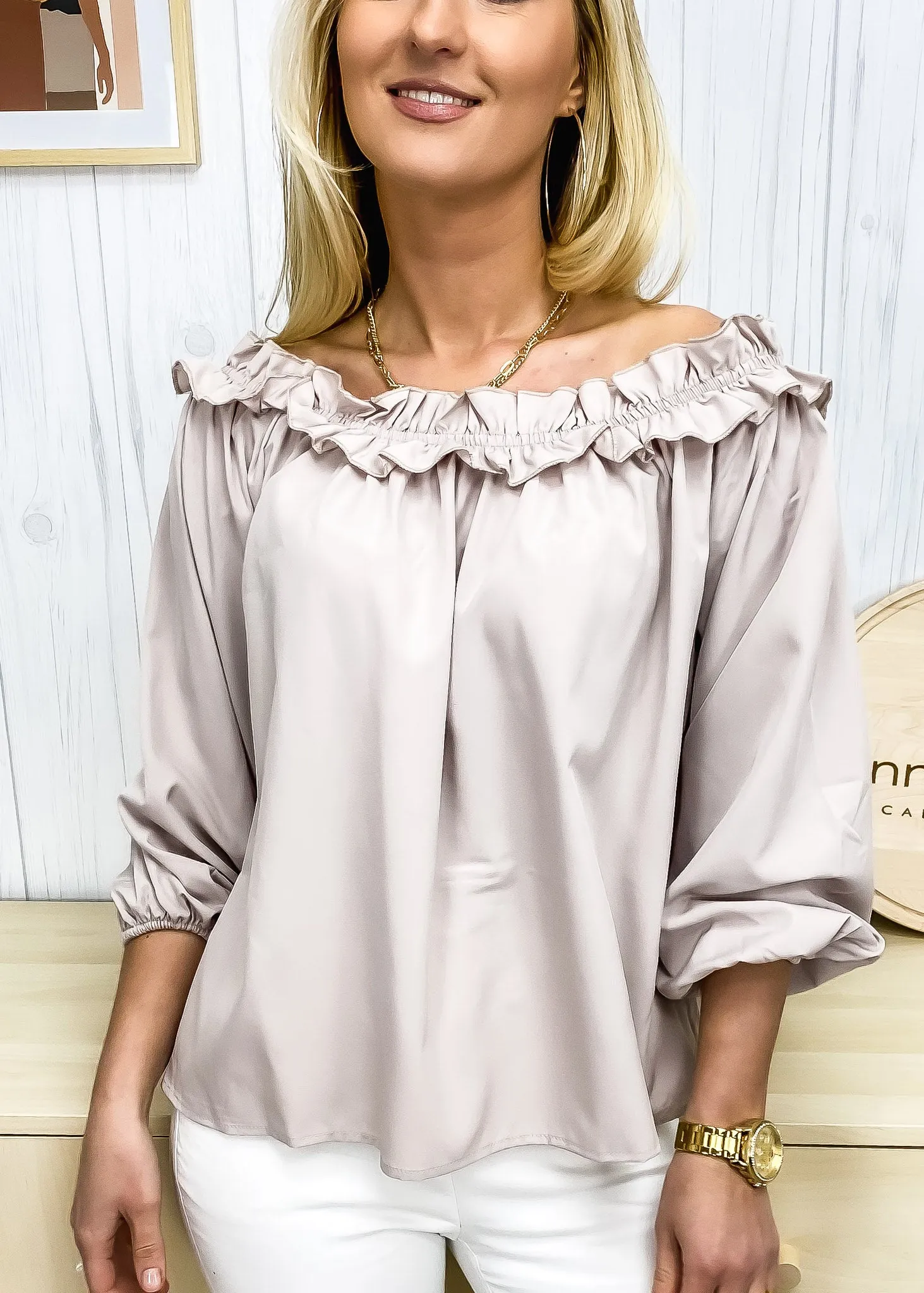 Ruffle Trim Off-Shoulder Top sold by Anna-Kaci