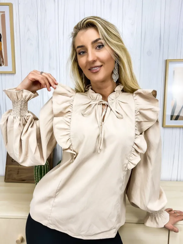 Ruffle Tie Neck Classic Blouse sold by Anna-Kaci