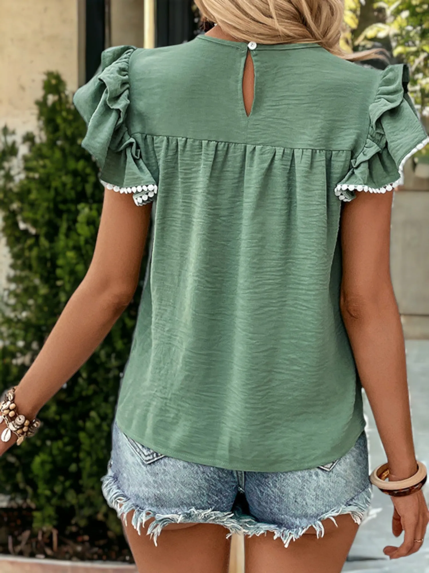 Textured Round Neck Ruffled Trim Sleeves Blouse sold by Anna-Kaci product image thumbnail 3