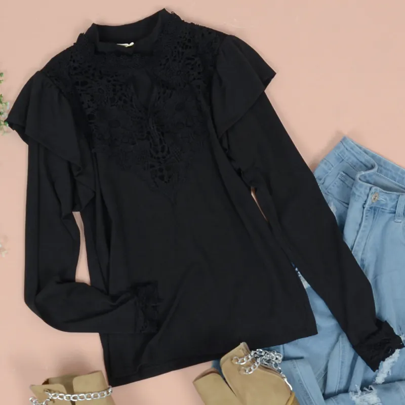 Lace Detail Ruffle Shoulder Top sold by Anna-Kaci