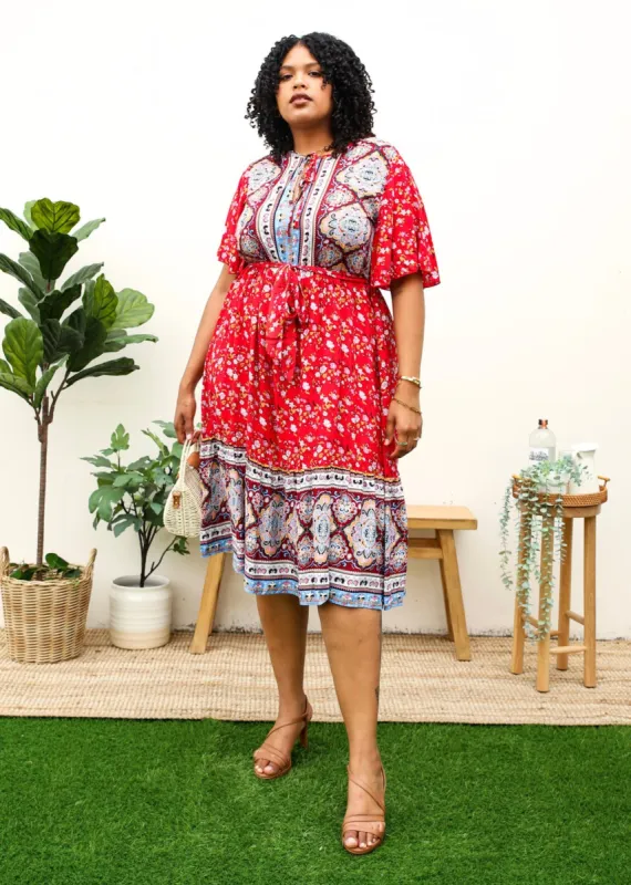 Plus Size Paisley Floral Boho Print Tie Waist Midi Dress sold by Anna-Kaci