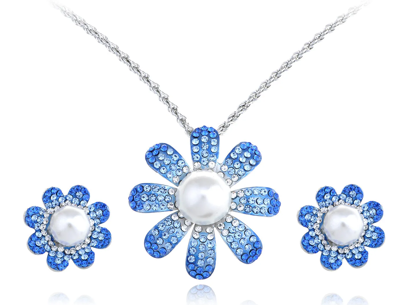 Swarovski Crystal Sapphire Pearl Center Daisy Element Earring Necklace Set sold by Anna-Kaci