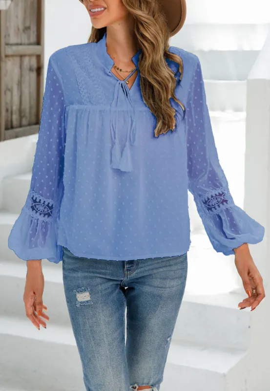 Tassel Tie Neck Clip Dot Blouse sold by Anna-Kaci