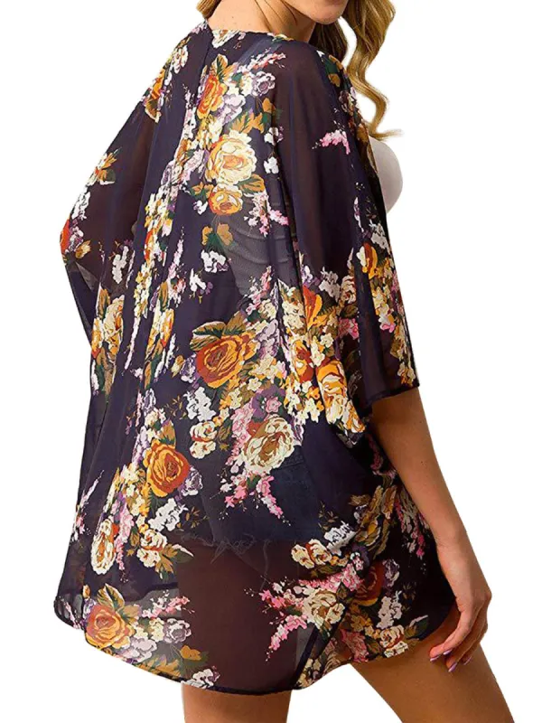 Floral Open Front Short Kimono Cardigan Chiffon Beach Swim Cover Up sold by Anna-Kaci