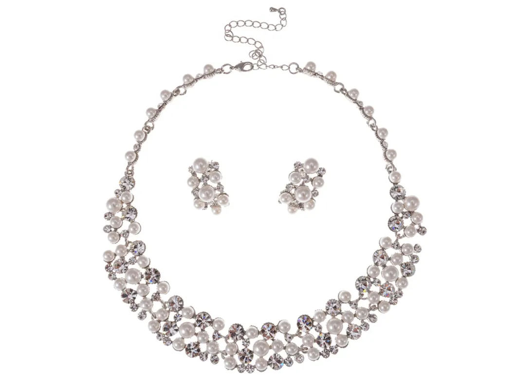 Silver Flower White Pearl Bead Necklace Dangle Earrings Jewelry Set sold by Anna-Kaci