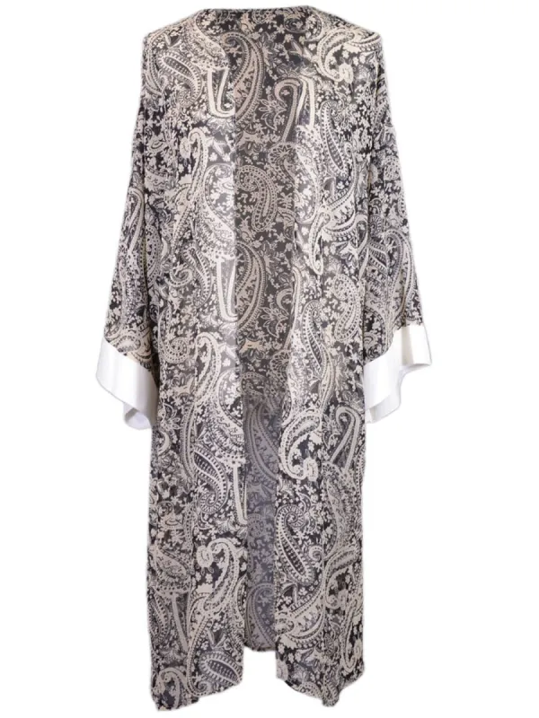 Audrey 3+1 Heavenly Paisley Print Open Front Cuff Sleeves Chiffon Long Kimono sold by Anna-Kaci