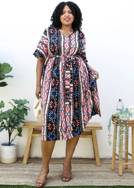 Plus Size Geometric Pattern Print Midi Dress with Tied Belt Waist sold by Anna-Kaci