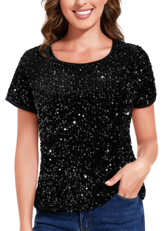 Anna-Kaci Womens Sparkly Sequin Velvet Tops Short Sleeve Crew Neck Shirt Party Club Blouse sold by Anna-Kaci