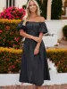 Off Shoulder Puffed Sleeve Pleated Detail Mid Length Dress sold by Anna-Kaci