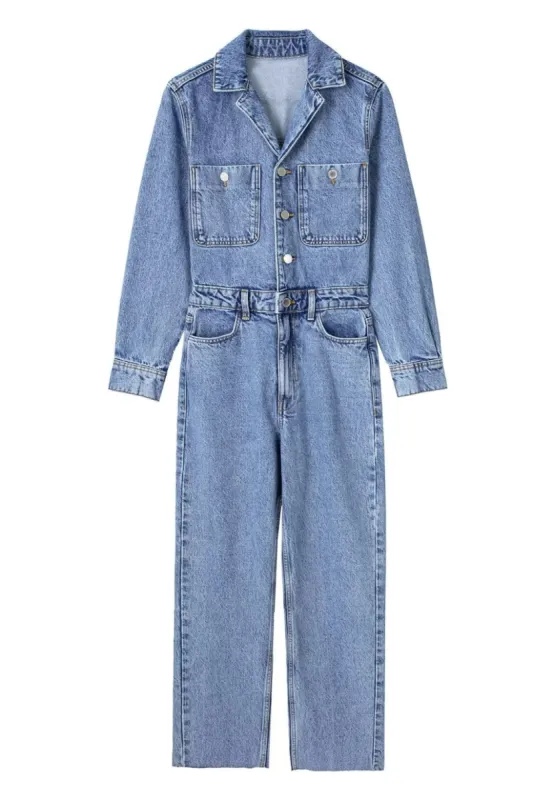 Button Front Collared Denim Jumpsuit sold by Anna-Kaci