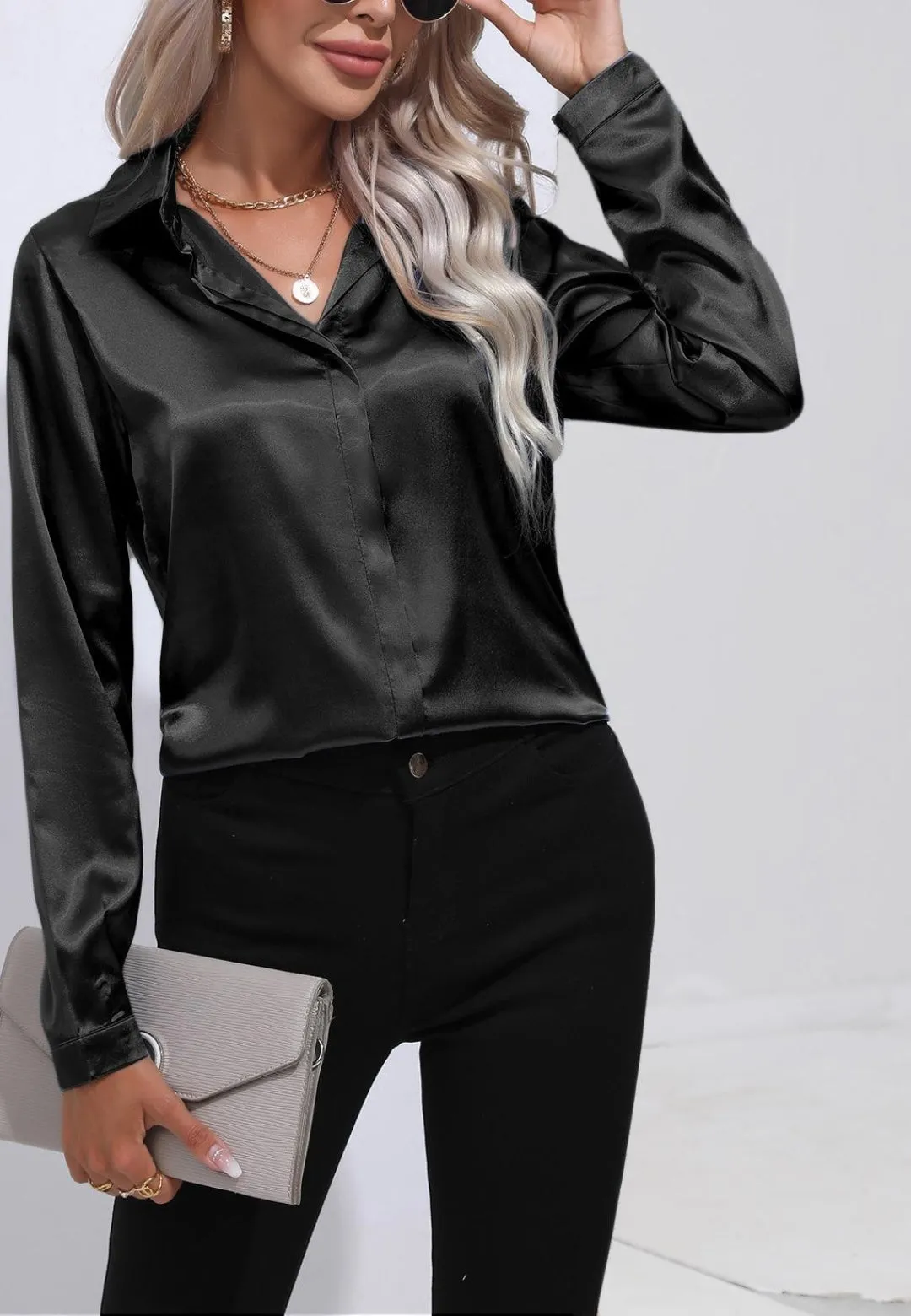 Satin Button Down Collared Shirt sold by Anna-Kaci