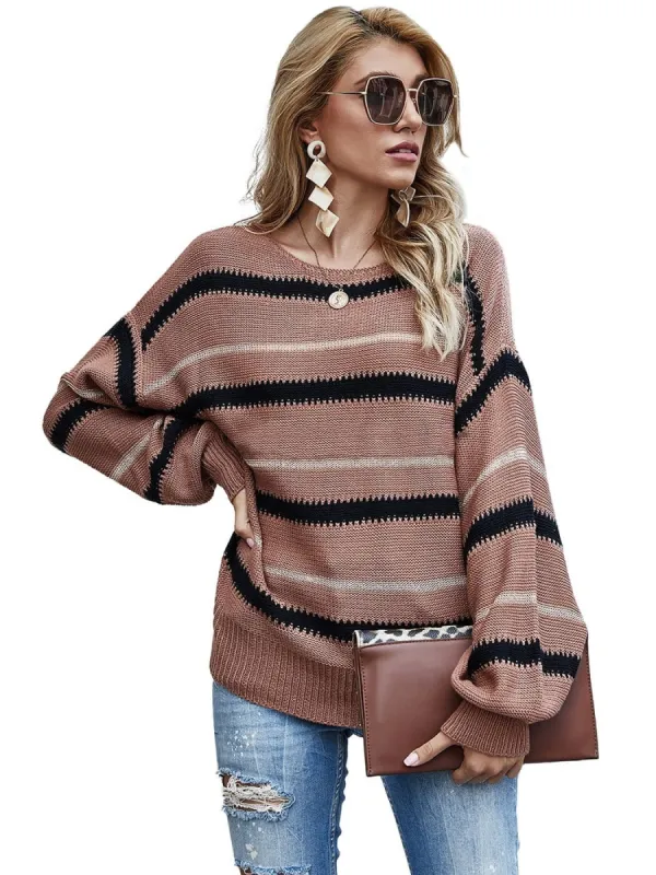 Sweaters Long Sleeve Crew Striped Oversized Knitted Pullover Tops sold by Anna-Kaci