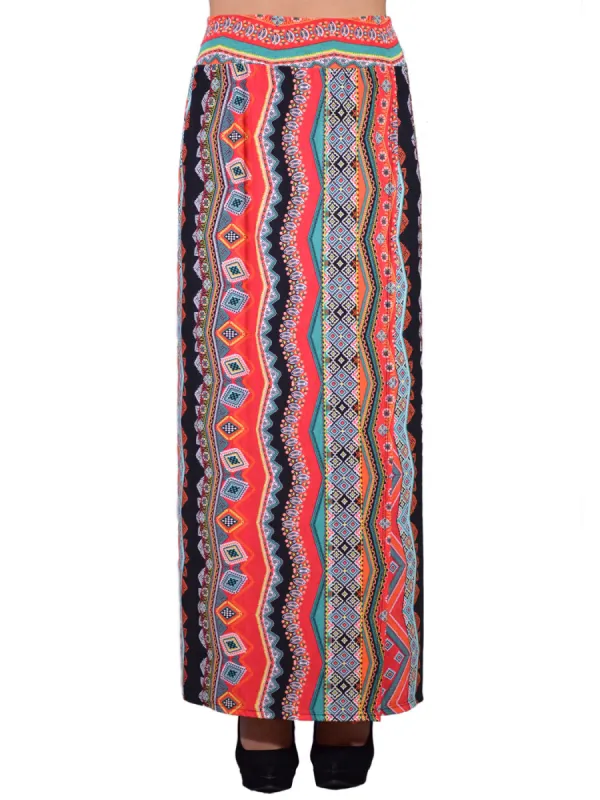 Anna-Kaci Edgy Bold Abstract Pattern High Side Slit Knit Long Maxi Skirt sold by Anna-Kaci