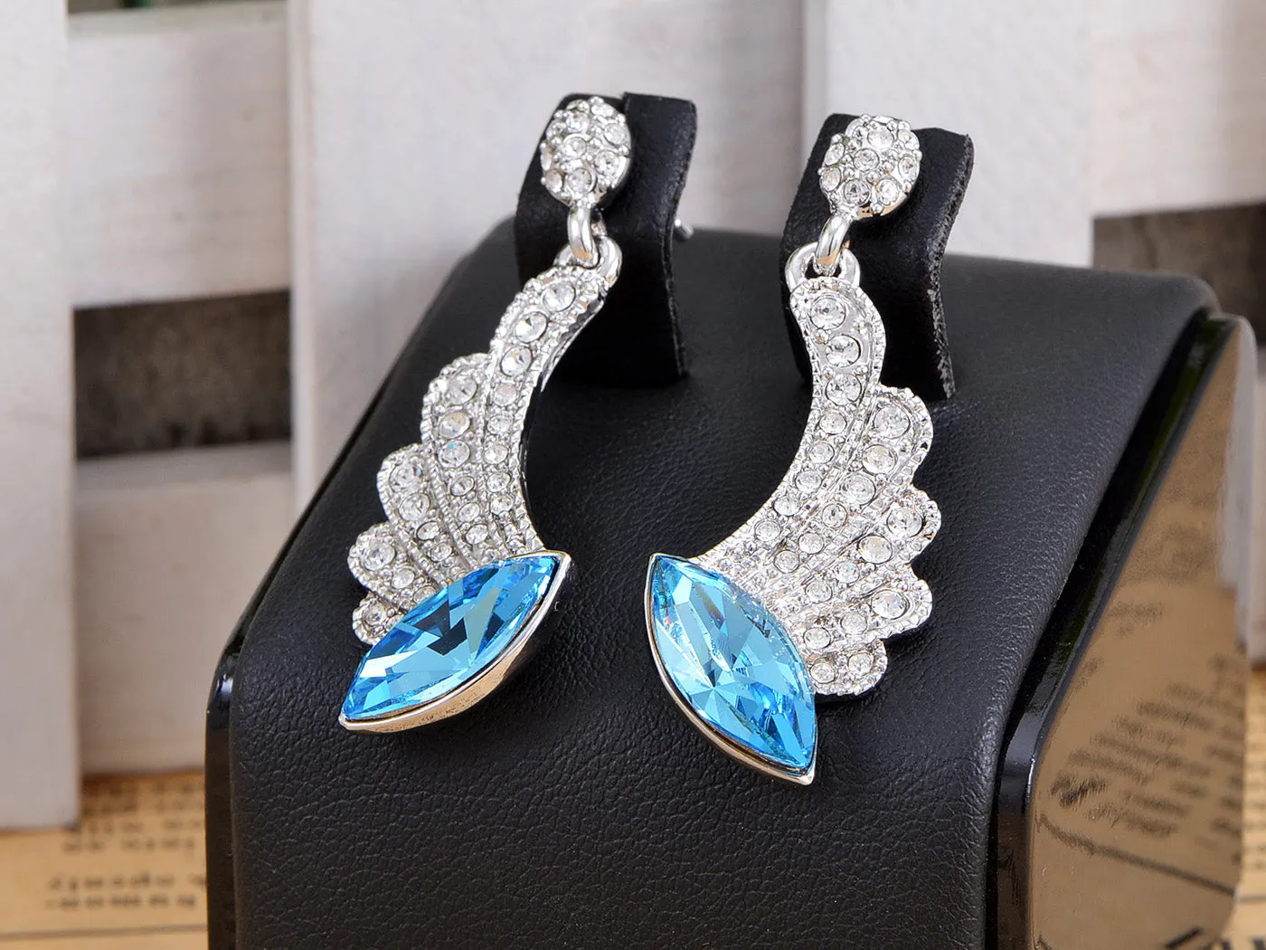 Swarovski Crystal Element Silver Blue Marquise Cut Angel Wing Dangle Earrings sold by Anna-Kaci product image thumbnail 2