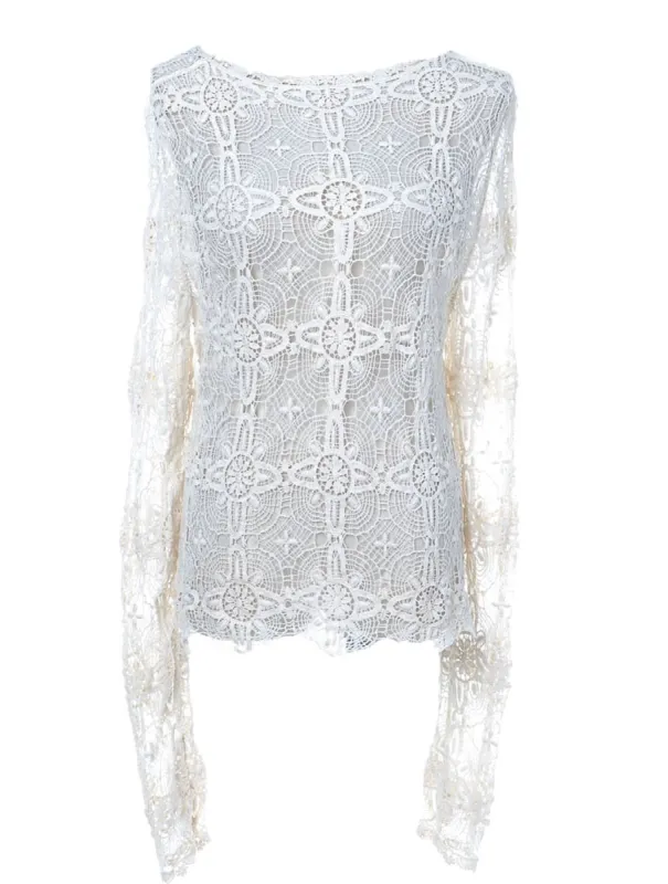 S/M Fit Beige Off-White Floral Cross Round Neckline L/S Sheer Top sold by Anna-Kaci