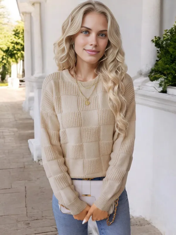 Anna-Kaci Women's Checkered Textured Knit Sweater with Long Sleeves and Crew Neck sold by Anna-Kaci