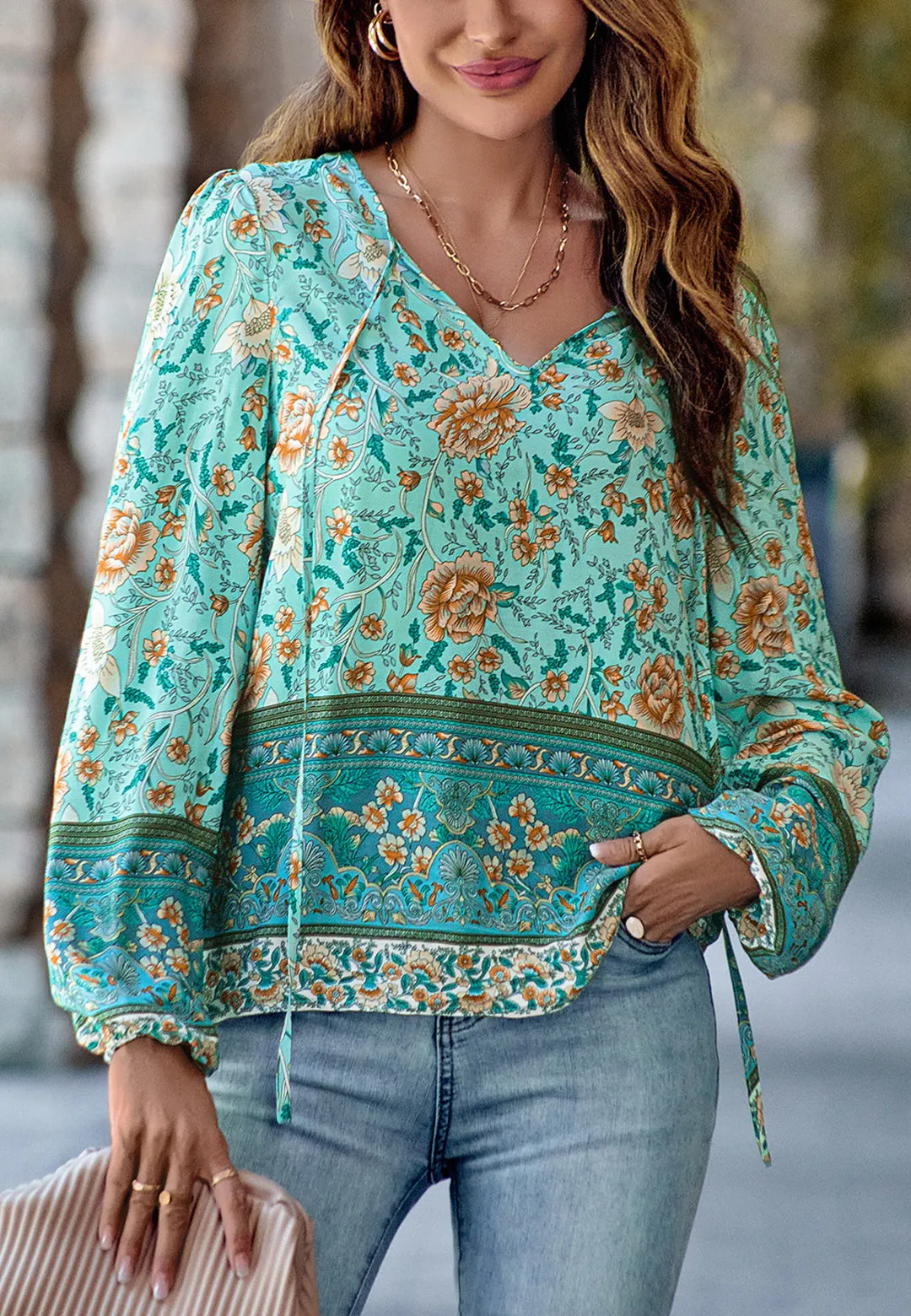 Multicolor Tie Neck Floral Bohemian Blouse sold by Anna-Kaci