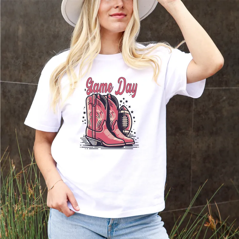 Game Day Groovy Western Football Tee - Cowboy Boots, Hot Pink, Barbie Football Girl, Sports Tee, Tailgate Tee, Boho Western Tee sold by Anna-Kaci