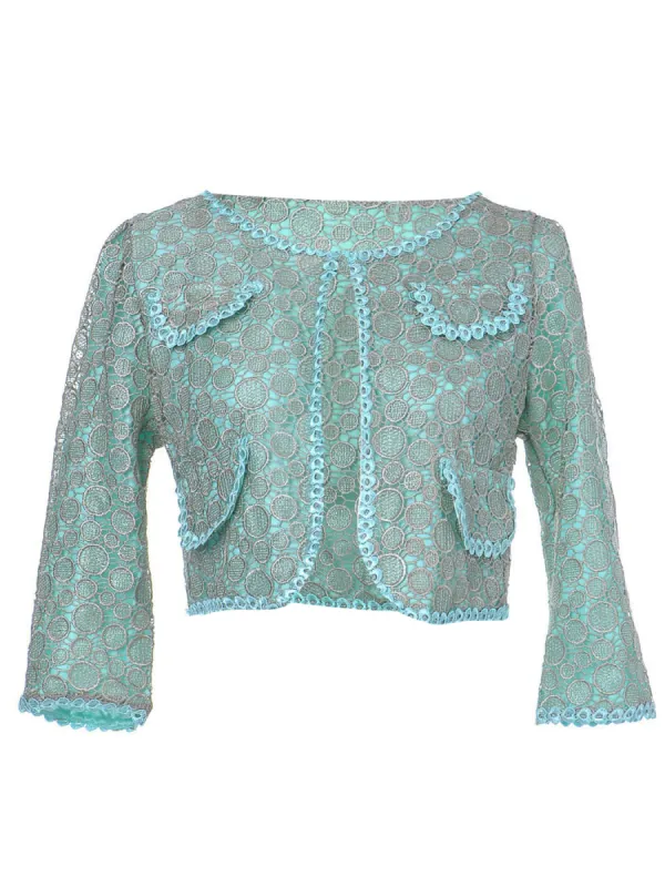 Womens Blue Green Vintage Satin Round Eyelet Long Sleeve Crop Jacket sold by Anna-Kaci