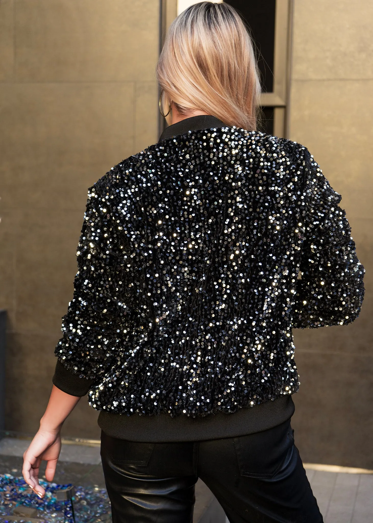 Anna-Kaci Womens Sparkly Sequin Jacket Glitter Long Sleeves Front Zip Up Bomber Jacket with Ribbed Cuffs sold by Anna-Kaci product image thumbnail 5