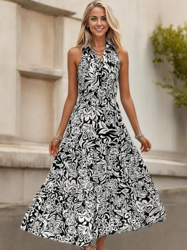 Halter Neck Maxi Dress with Black and White Floral Print sold by Anna-Kaci