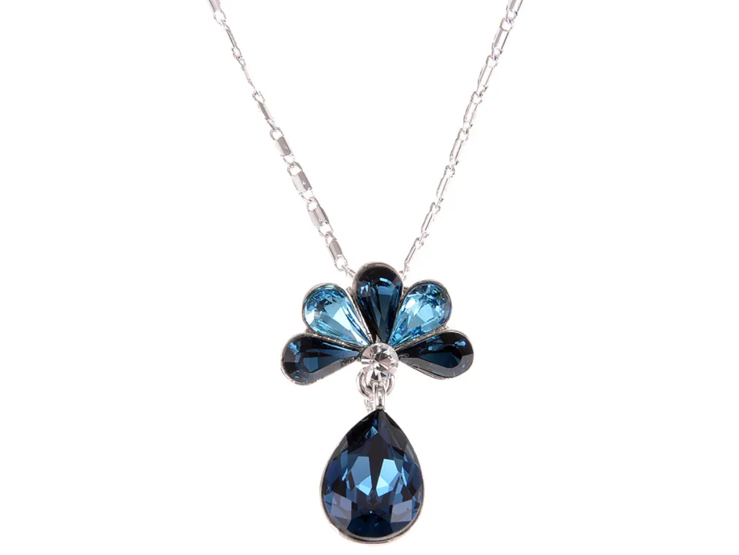 Swarovski Crystal Capri Blue Elements Peacock Feather Teardrop Necklace sold by Anna-Kaci