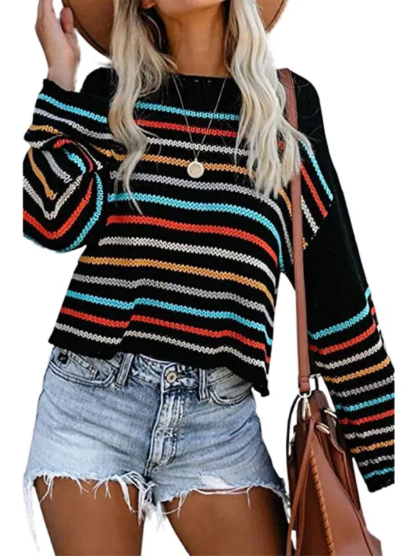 Loose Long Sleeve Stripe Autumn Pullover Sweater sold by Anna-Kaci