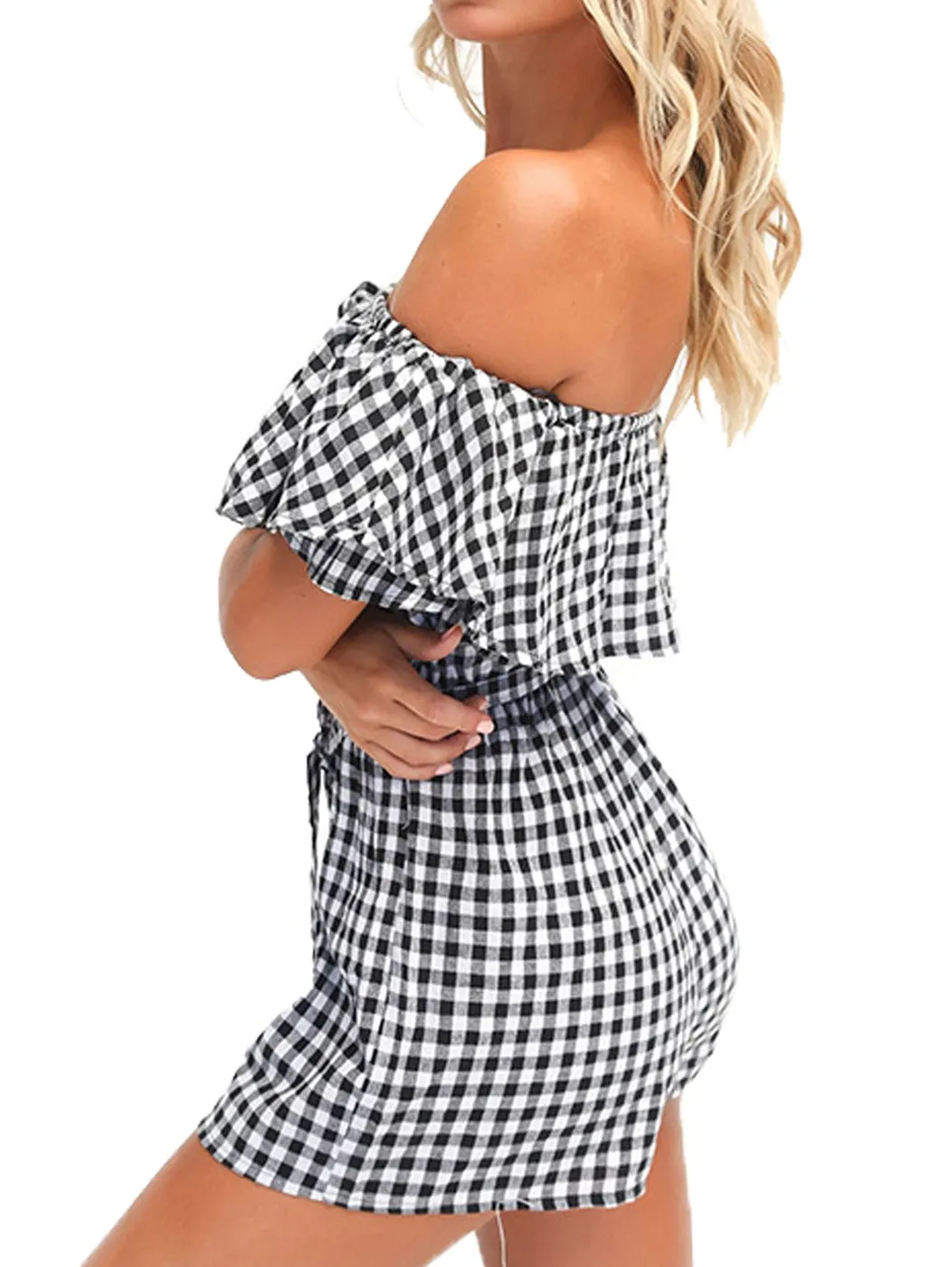 Anna-Kaci Womens Off Shoulder Short Rompers Ruffle Hem Drawstring Waist Plaid Short Jumpsuit sold by Anna-Kaci product image thumbnail 3