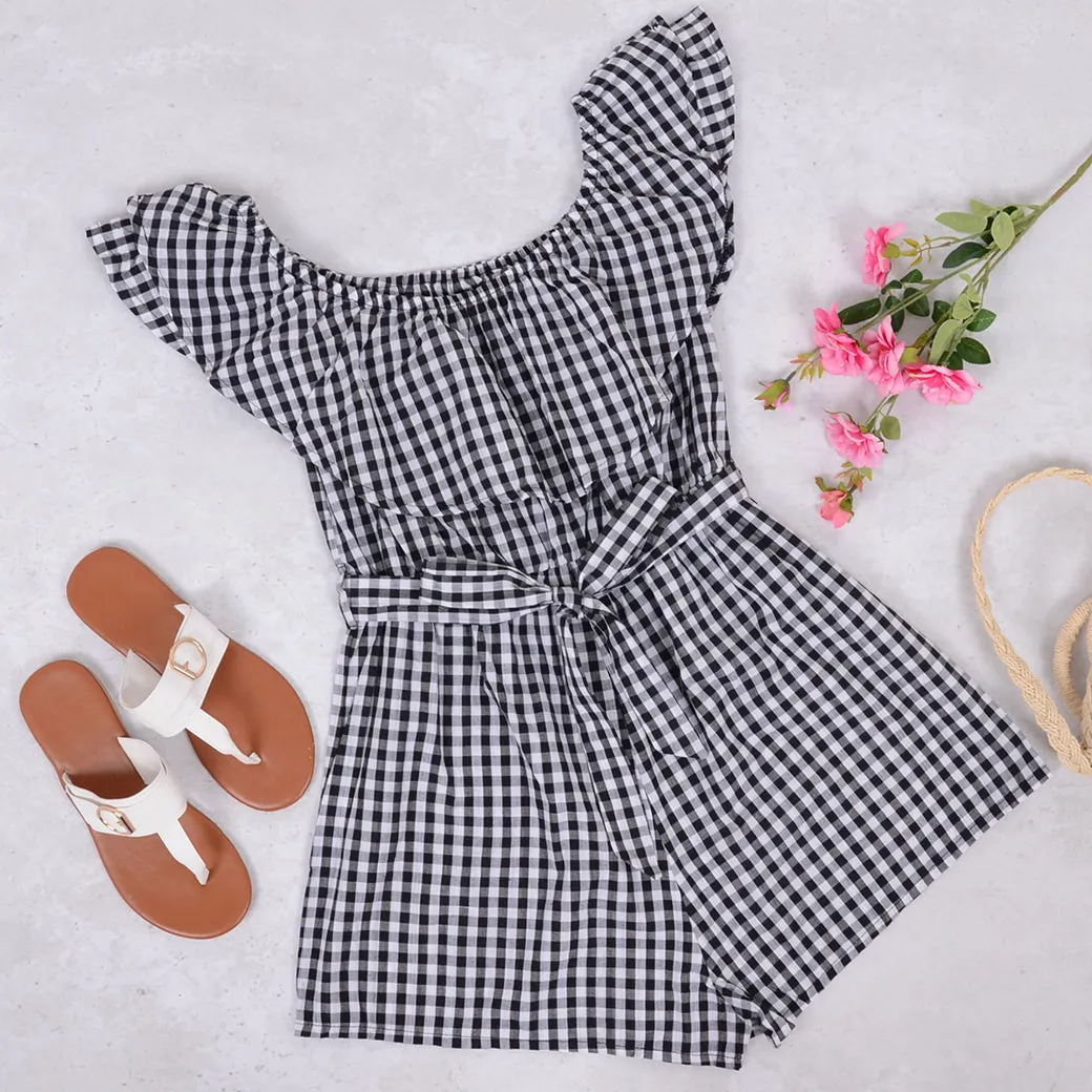 Anna-Kaci Womens Off Shoulder Short Rompers Ruffle Hem Drawstring Waist Plaid Short Jumpsuit sold by Anna-Kaci product image thumbnail 4