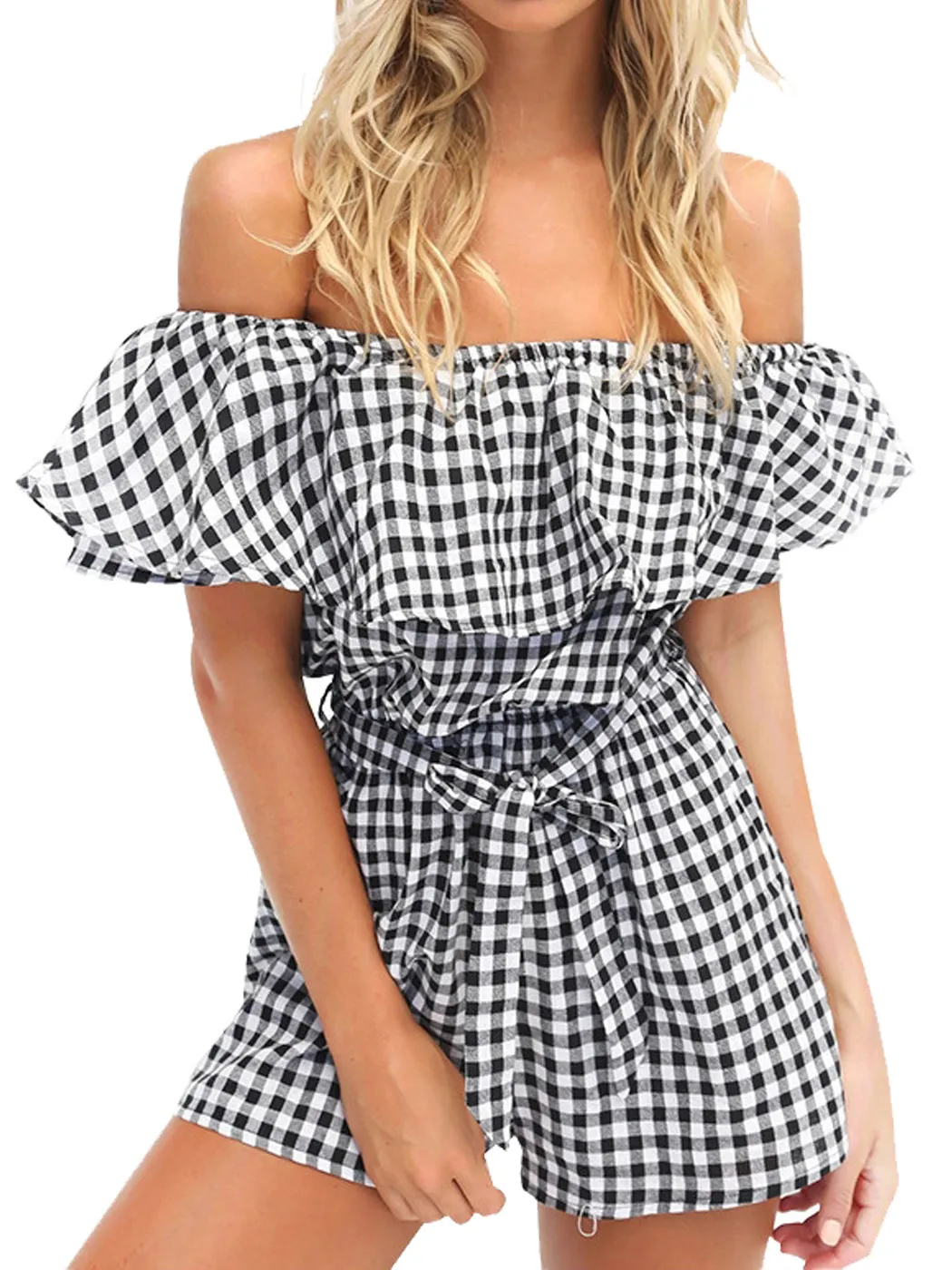 Anna-Kaci Womens Off Shoulder Short Rompers Ruffle Hem Drawstring Waist Plaid Short Jumpsuit sold by Anna-Kaci