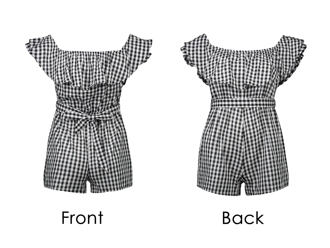 Anna-Kaci Womens Off Shoulder Short Rompers Ruffle Hem Drawstring Waist Plaid Short Jumpsuit sold by Anna-Kaci product image thumbnail 5