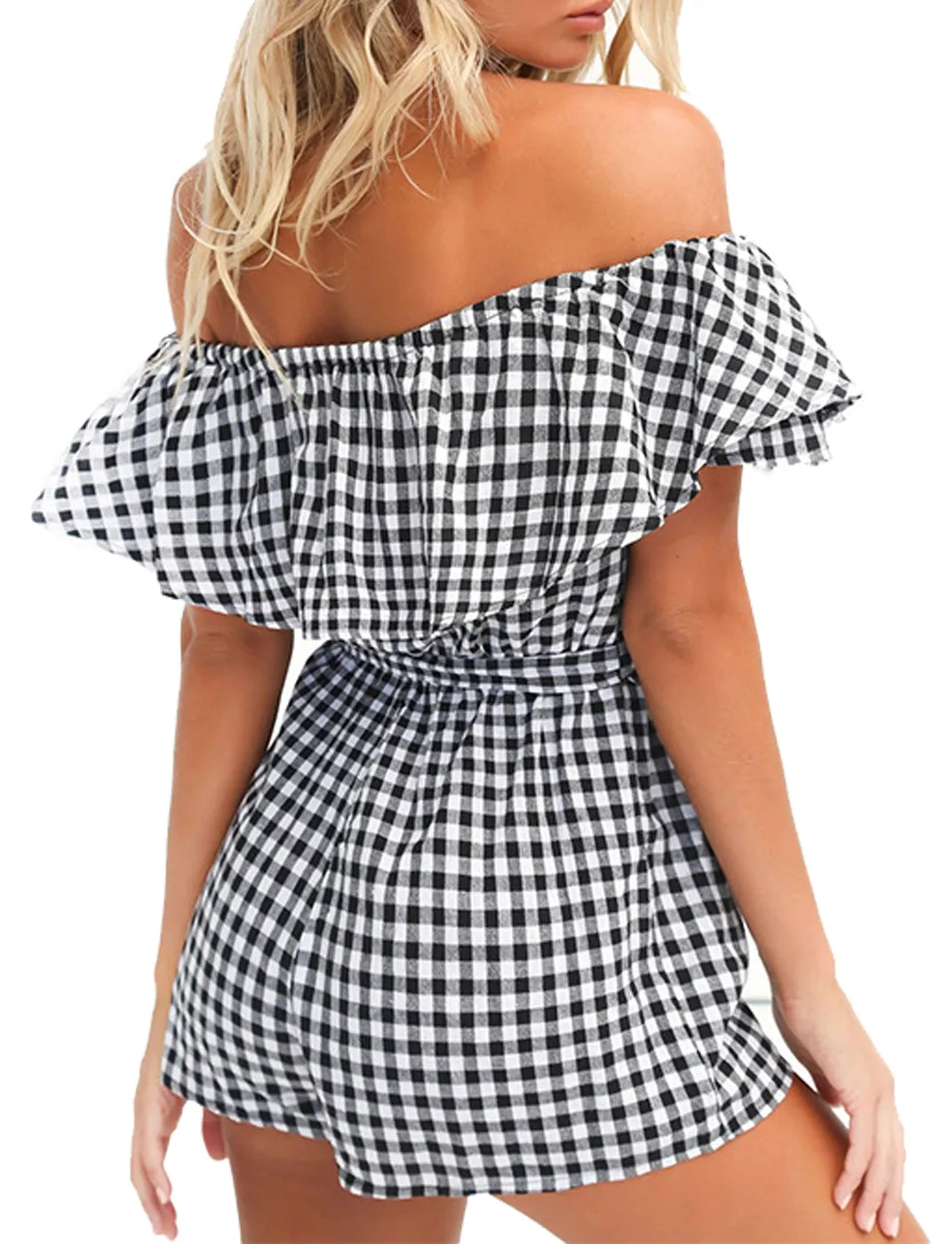 Anna-Kaci Womens Off Shoulder Short Rompers Ruffle Hem Drawstring Waist Plaid Short Jumpsuit sold by Anna-Kaci product image thumbnail 2