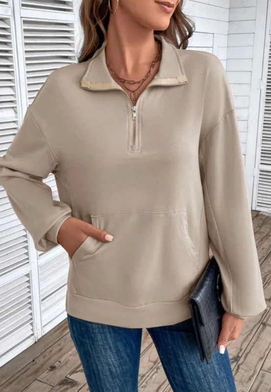 Quarter Zip Kangaroo Pocket Sweater sold by Anna-Kaci