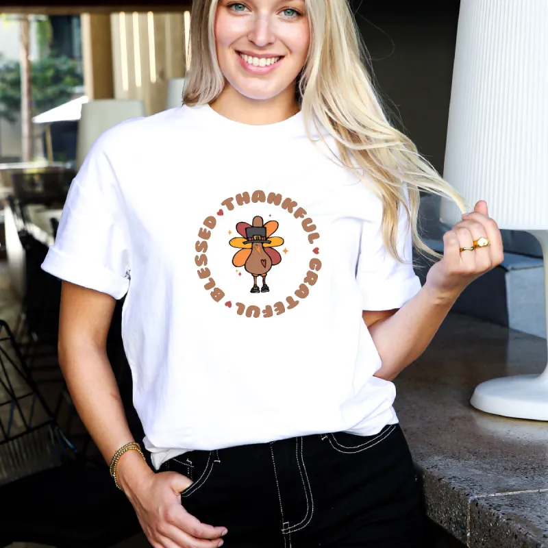"Blessed Thankful Grateful" Turkey Tee: Thanksgiving Elegance sold by Anna-Kaci