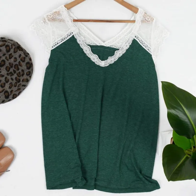 Casual Loose Short Sleeve Lace V Neck Tee sold by Anna-Kaci