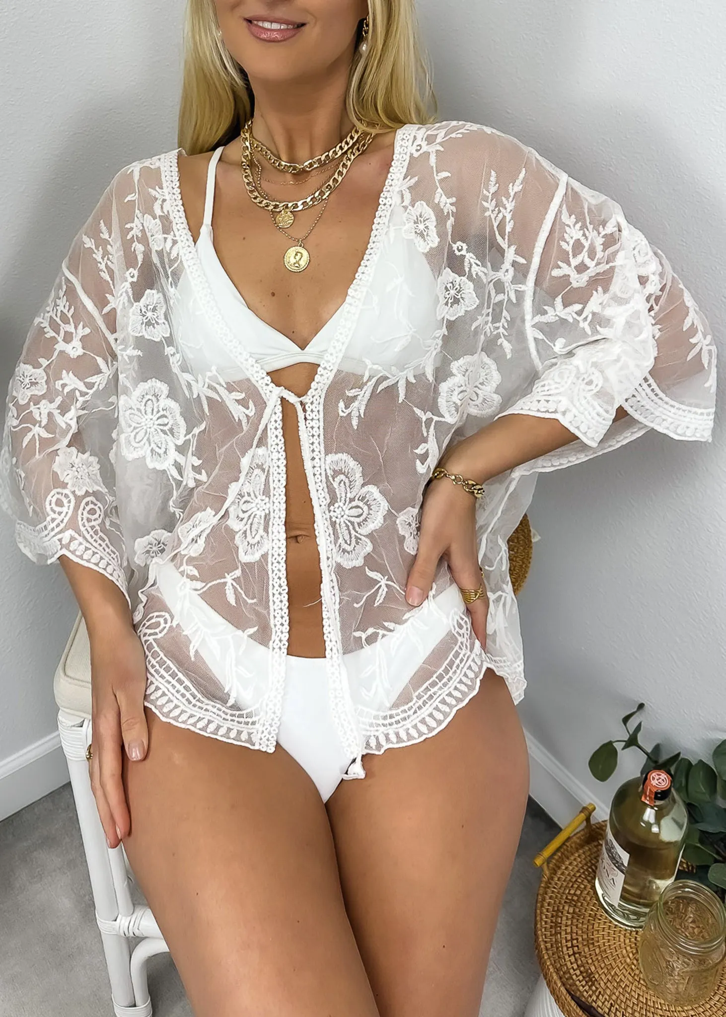 Short Embroidered Lace Kimono Crop Cardigan with Half Sleeves sold by Anna-Kaci product image thumbnail 4
