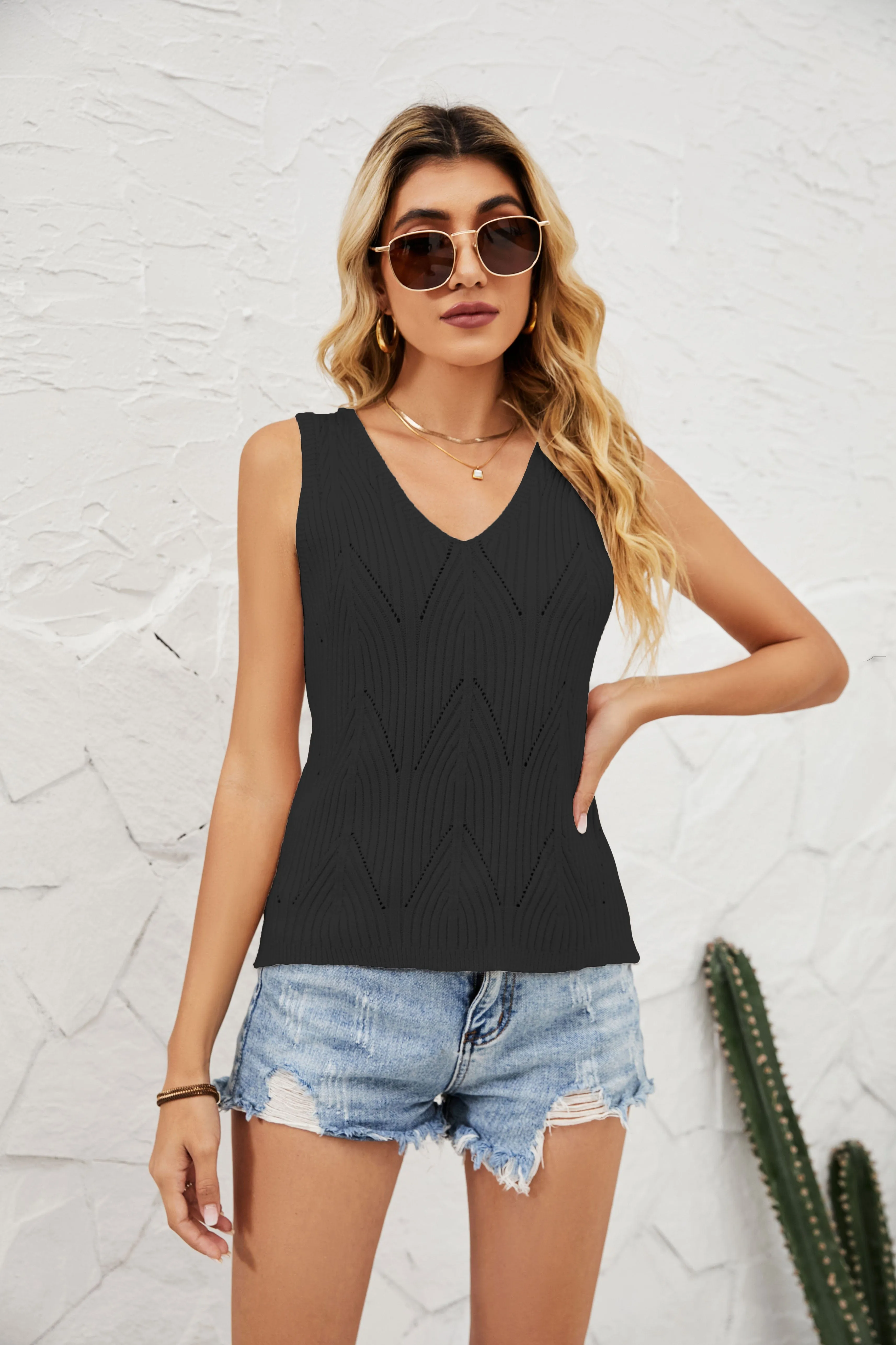 V Neck Pointelle Knit Top sold by Anna-Kaci