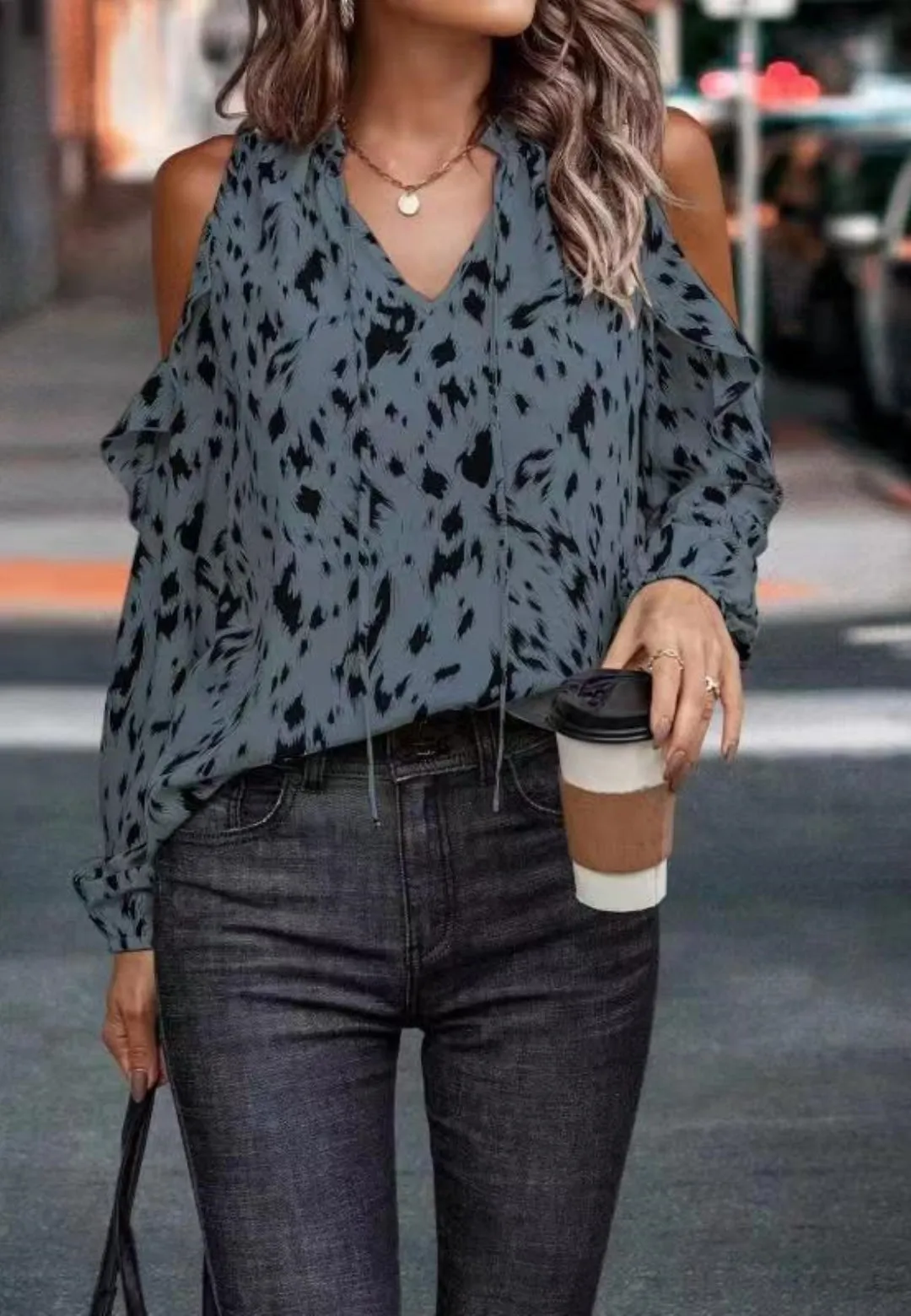 Abstract Print Cold Shoulder Blouse sold by Anna-Kaci