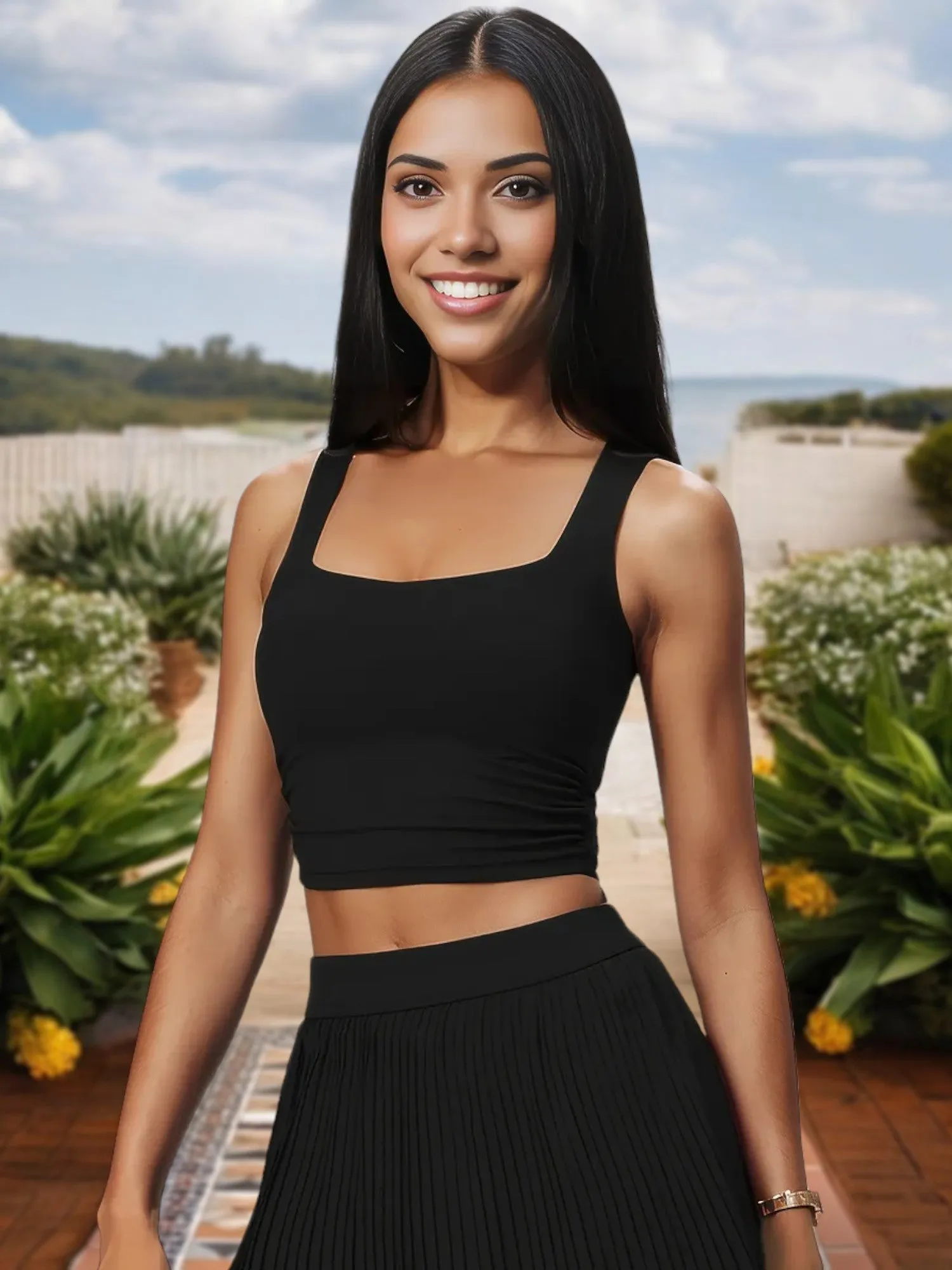 Women's Square Neck Crop Top with Stretch Fit and Ruched Sides sold by Anna-Kaci