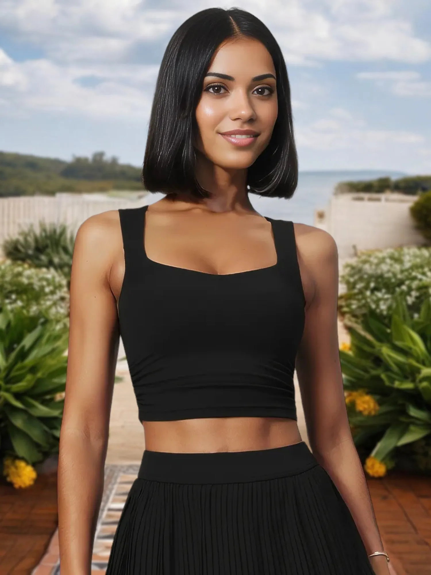 Women's Square Neck Crop Top with Stretch Fit and Ruched Sides sold by Anna-Kaci product image thumbnail 2